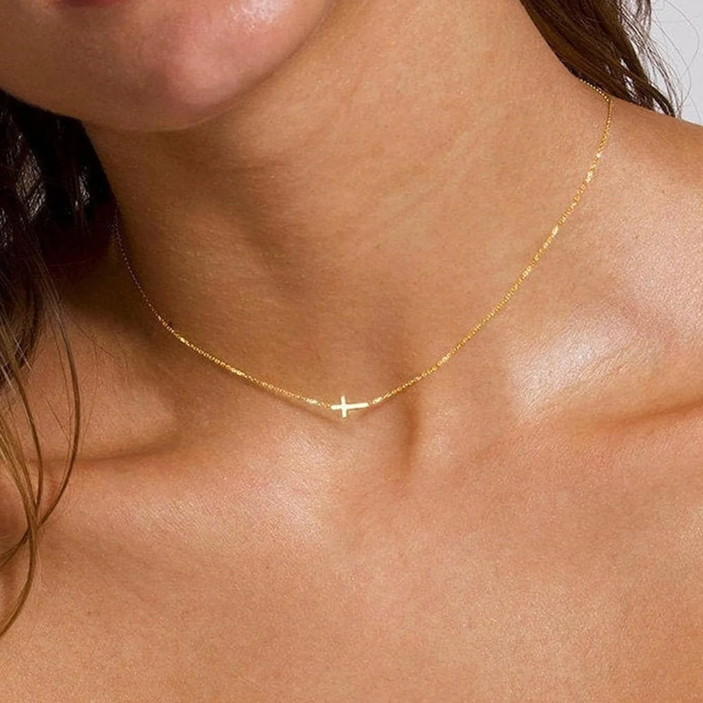 Sideways Cross Choker, 14K gold plated, 16+2 in