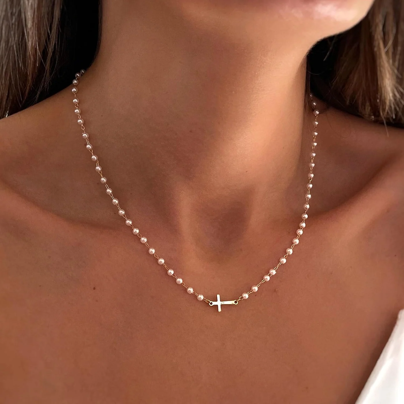 Sideways Cross Necklace on a Pearl Chain, 14K gold plated, 16+2 in